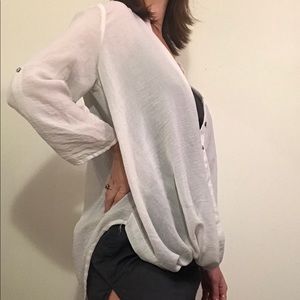 White sheer layer button down